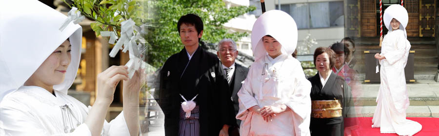 写真:胡録神社での和装結婚式・白無垢の花嫁・紋付の新郎